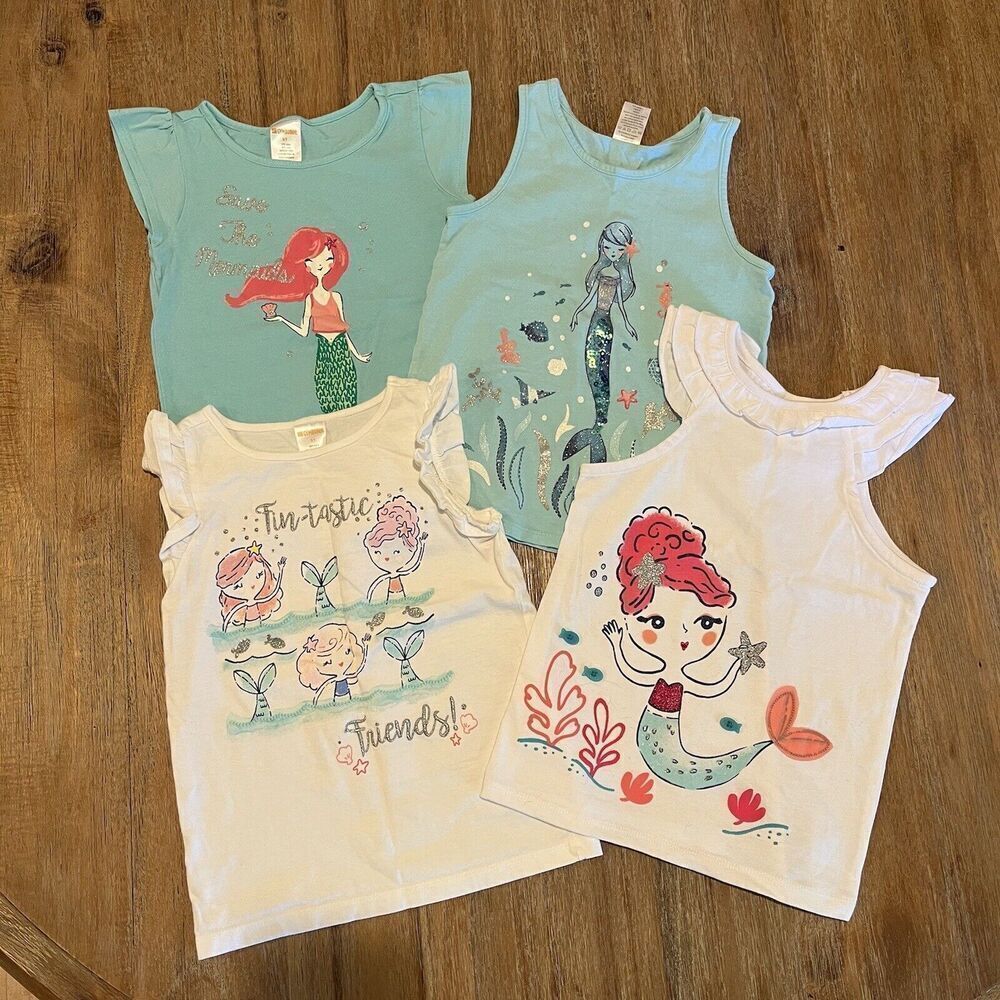 Gymboree Mermaid Tank Tops Shirts Lot of 4 Applique Glitter Girls Size 5/5T